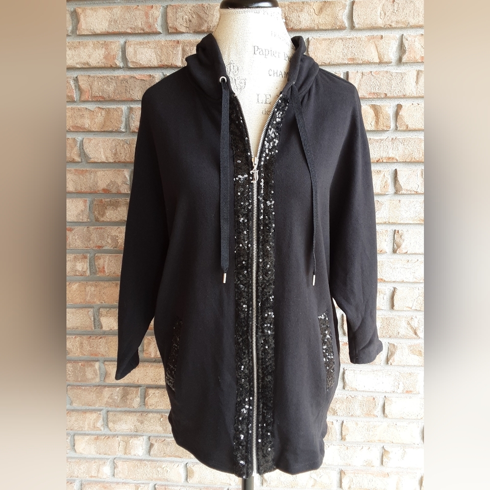 Juicy Couture Vintage Y2K Black Sequin Full Zip Dolman Sleeve Hooded Jacket.